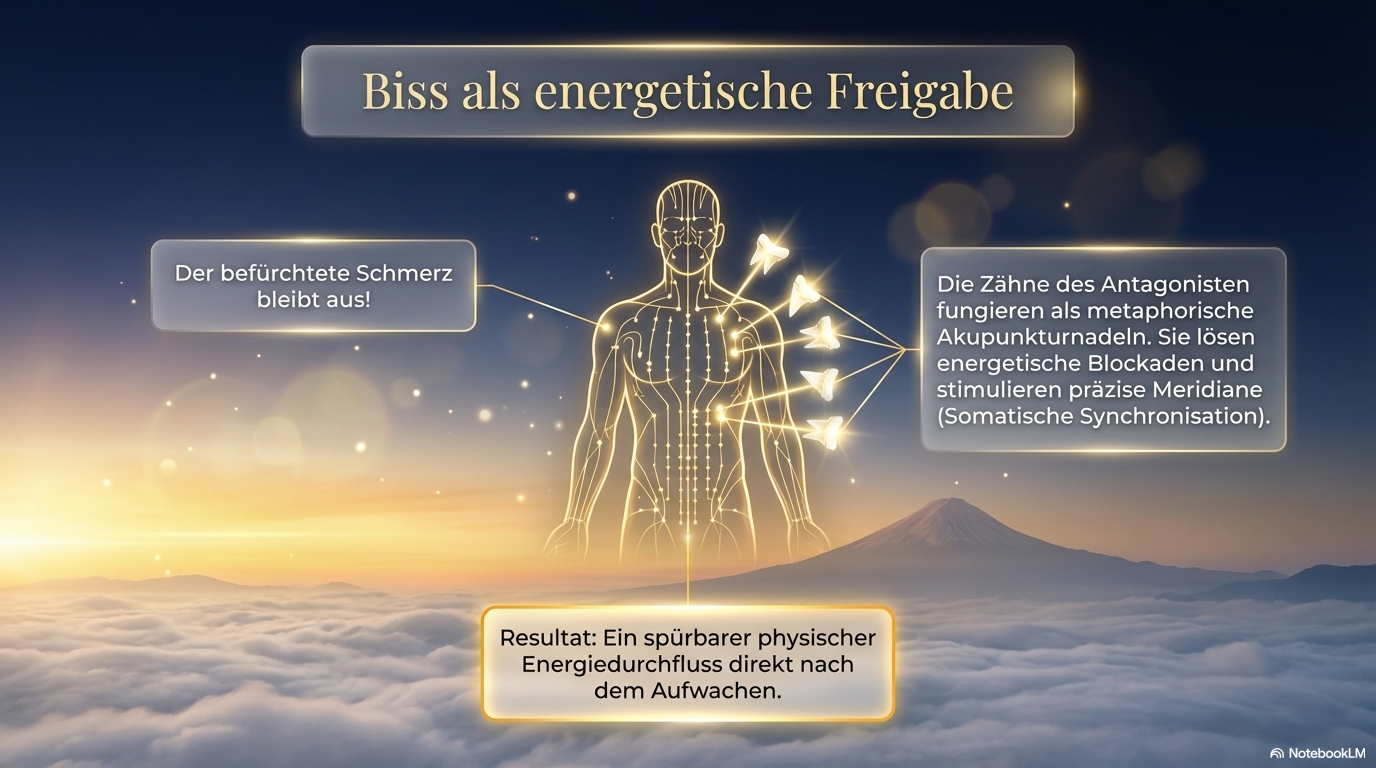 Schematische menschliche Figur mit Meridianlinien und markierten Bisspunkten; die Zähne des Antagonisten werden als metaphorische Akupunkturnadeln zur Lösung von Blockaden dargestellt.