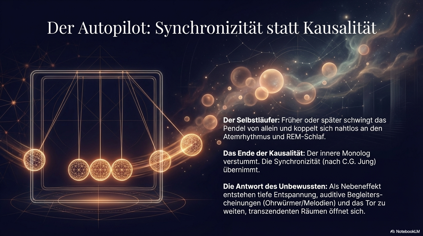 Newton-Pendel mit leuchtenden Kugeln und kosmischen Formen; die Folie beschreibt das autonome Mitschwingen des Pendels und den Übergang vom Denken zur Synchronizität.