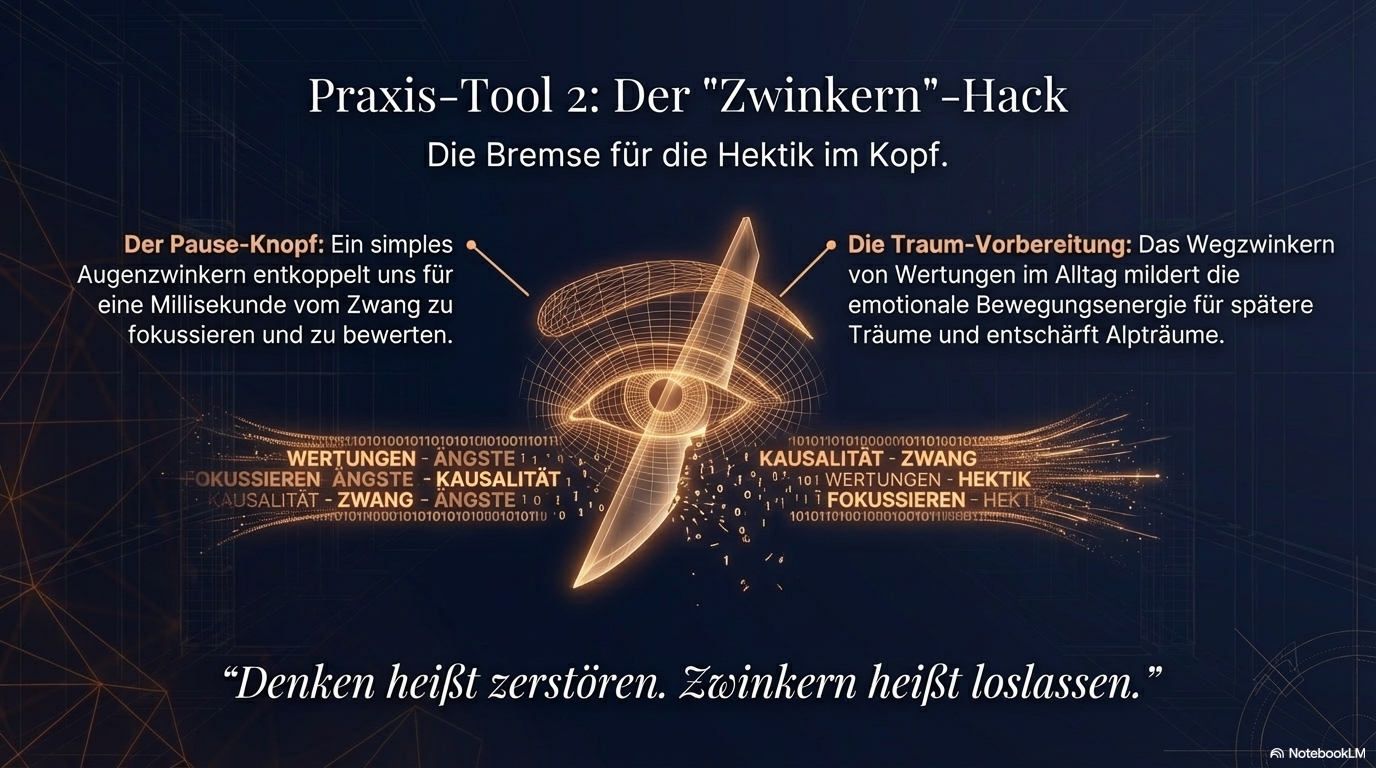 Stilisierte Auge-Grafik mit diagonaler Linie und Begriffsfeldern wie Wertung, Angst und Hektik; die Folie beschreibt Zwinkern als kurze Unterbrechung des Bewertungszwangs.