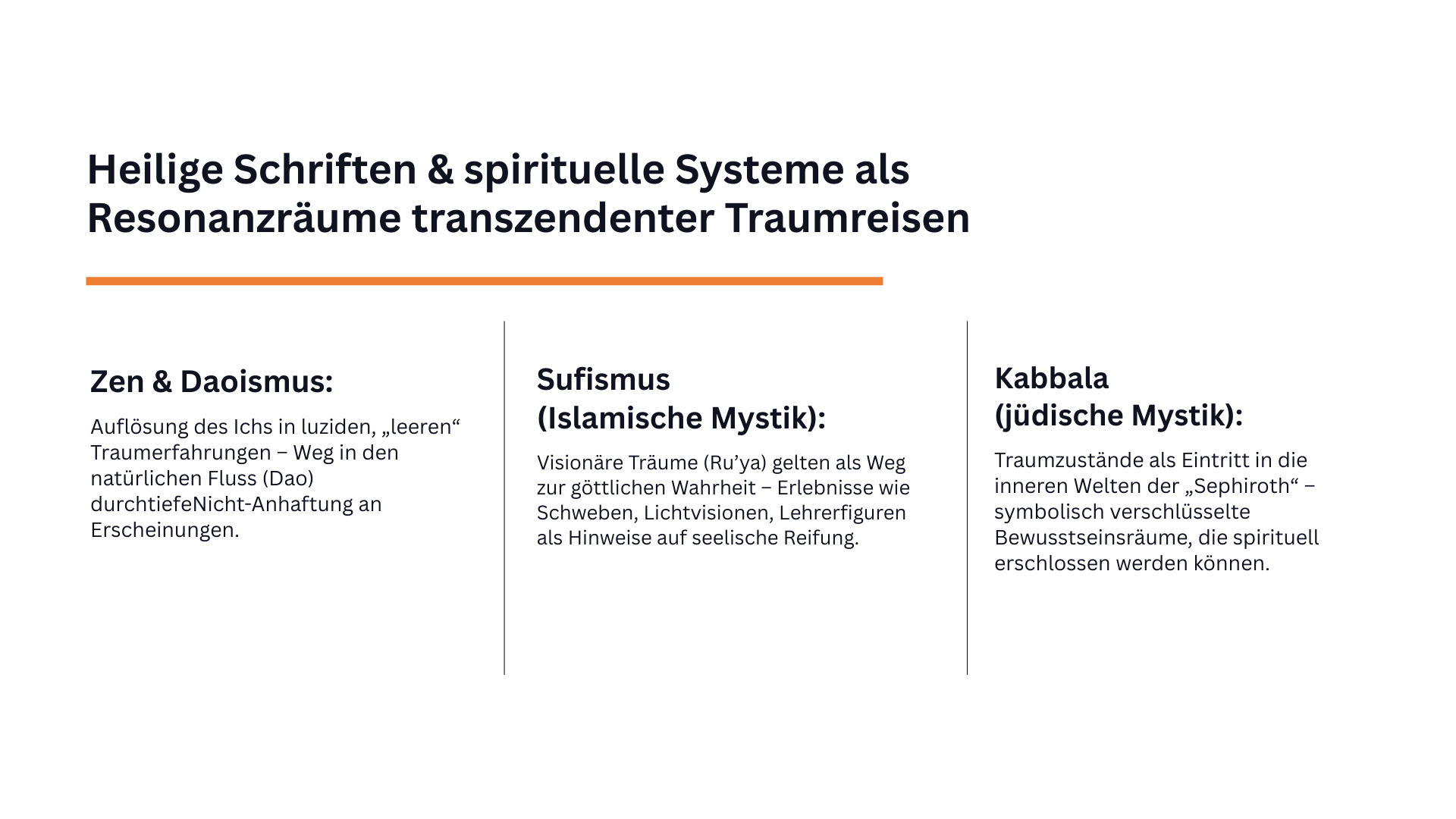 Vergleichsfolie zu Zen und Daoismus, Kabbala und Sufismus als weitere spirituelle Deutungsräume transzendenter Erfahrungen.