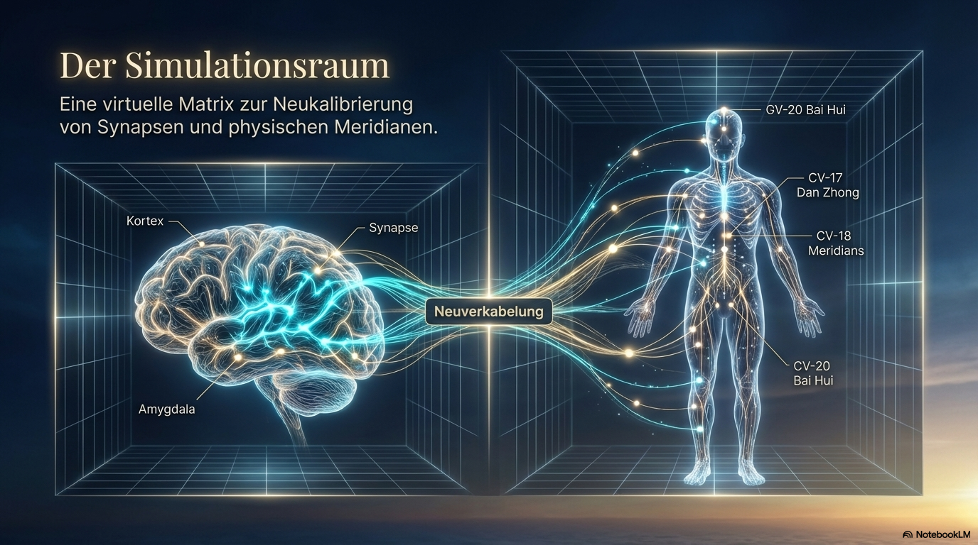Diagramm mit Gehirn, Synapsen und menschlichem Körper mit Meridianpunkten; zeigt einen virtuellen Simulationsraum zur Neukalibrierung von Synapsen und physischen Meridianen.