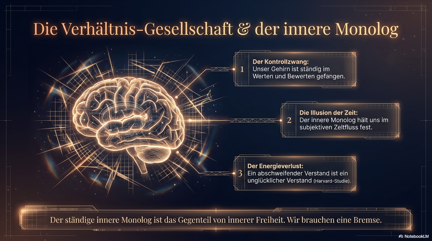 Leuchtendes Gehirn mit drei Problemfeldern zu Kontrollzwang, Zeitillusion und Energieverlust; die Folie beschreibt den ständigen inneren Monolog als Hindernis innerer Freiheit.
