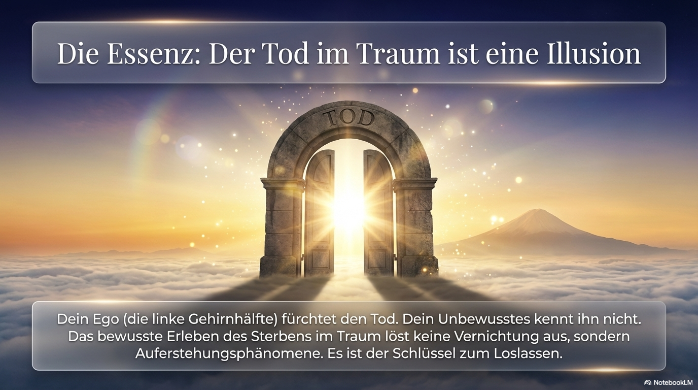 Leuchtendes Tor mit der Aufschrift „Tod“ öffnet sich über den Wolken; die Folie beschreibt den Traumtod als symbolisches Loslassen statt wirklicher Vernichtung.