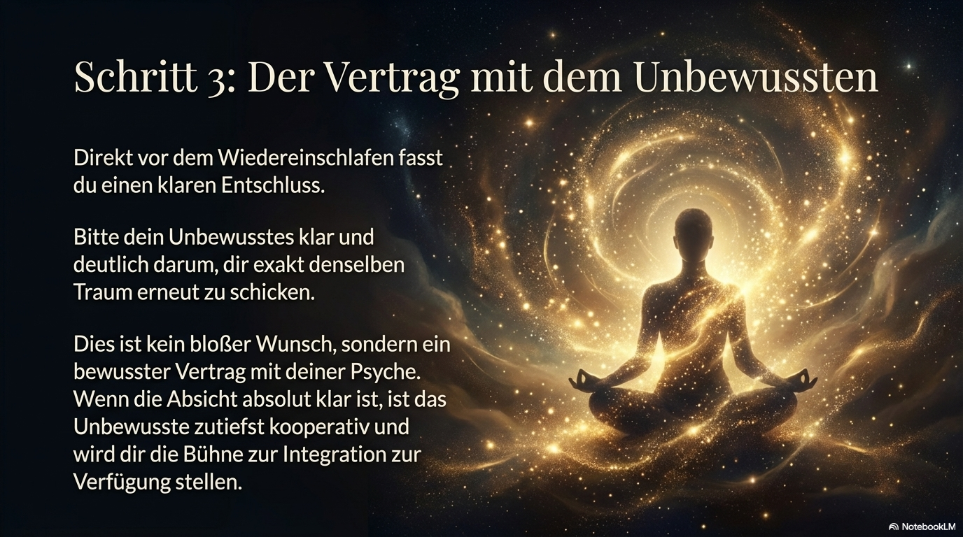 Goldene meditative Figur in spiralem Licht; erklärt Schritt 3 als bewussten „Vertrag mit dem Unbewussten“, denselben Traum erneut zu empfangen, um Integration zu ermöglichen.
