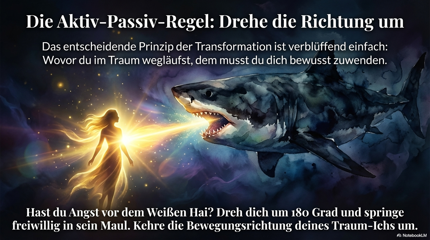 Illustration zur Aktiv-Passiv-Regel: leuchtende Gestalt steht einem weißen Hai gegenüber; Botschaft, im Traum vor Angst nicht zu fliehen, sondern sich bewusst umzudrehen und hinzugeben.