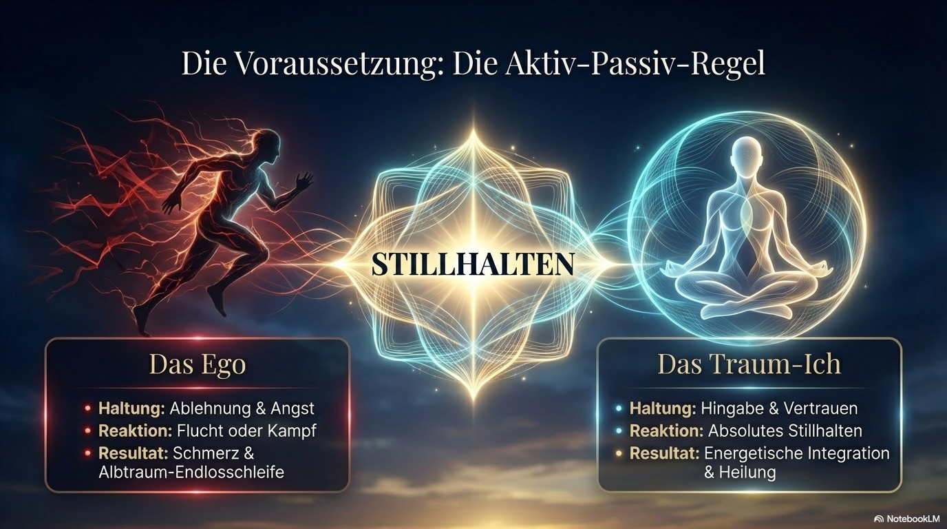 Gegenüberstellung von Ego und Traum-Ich mit dem zentralen Begriff „Stillhalten“; zeigt, dass Hingabe und Vertrauen im Traum zu Integration und Heilung führen.
