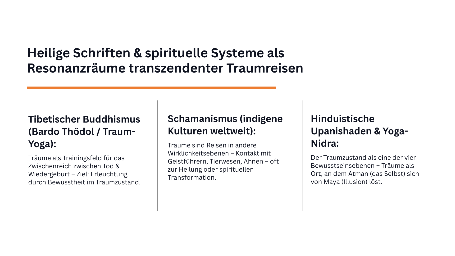 Vergleichsfolie zu tibetischem Buddhismus, Upanishaden und Yoga Nidra sowie Schamanismus als Resonanzräume transzendenter Traumreisen.