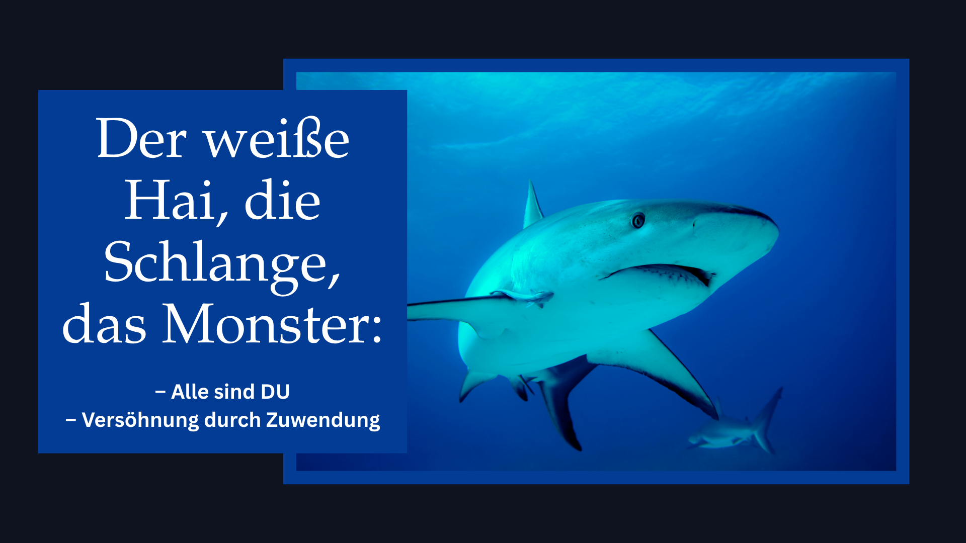 Folie mit großem Hai im blauen Wasser; zeigt, dass bedrohliche Symbole Ausdruck des eigenen Selbst sind und durch Zuwendung versöhnt werden.