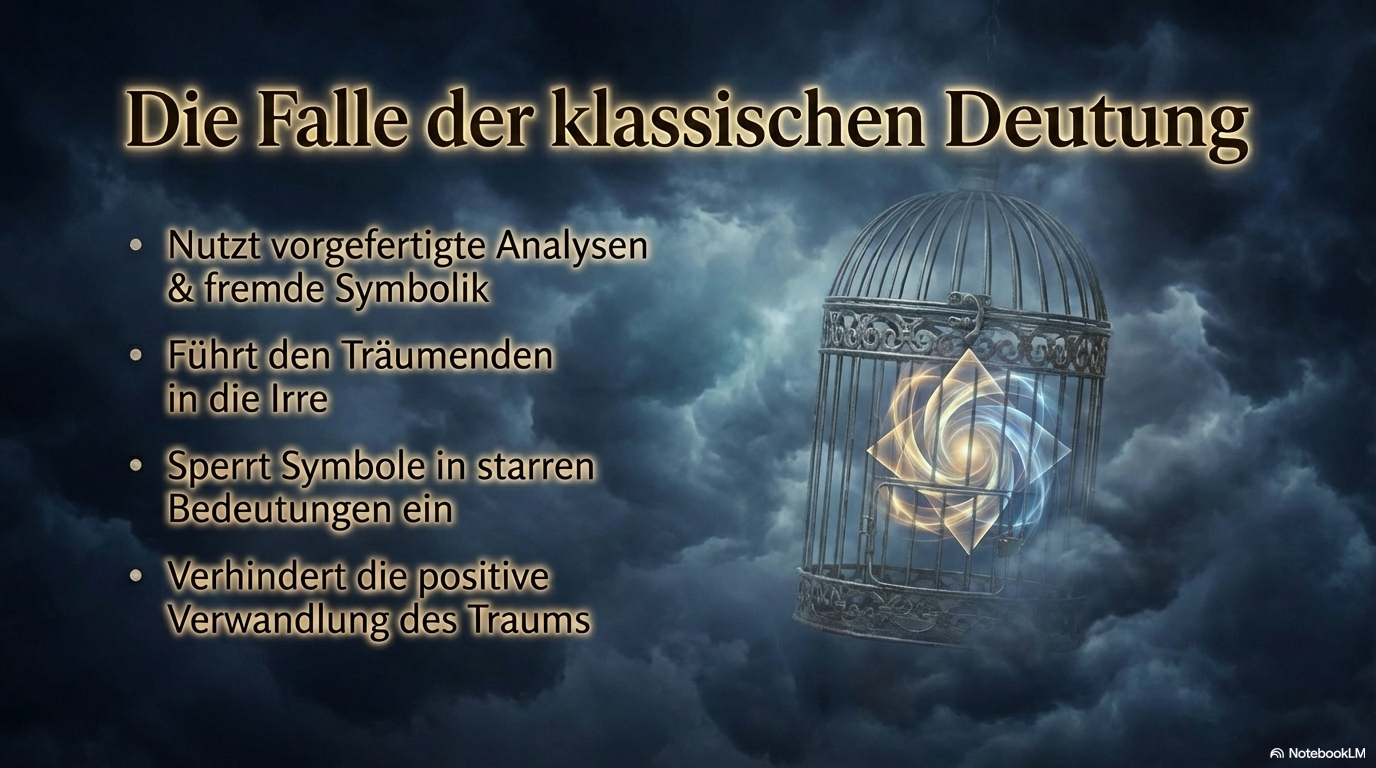 Dunkle Wolkenlandschaft mit Vogelkäfig, in dem ein leuchtendes Symbol eingeschlossen ist; die Folie kritisiert starre Traumdeutung als irreführend und entwicklungshemmend.