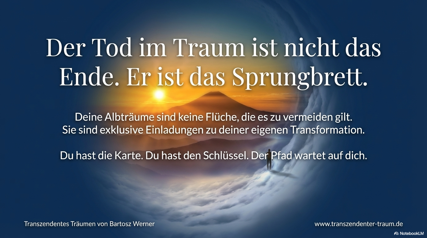 Abschlussfolie mit Sonnenaufgang, Berg und kleiner Figur im Wolkentunnel; Kernaussage: Der Tod im Traum ist nicht das Ende, sondern das Sprungbrett zur inneren Transformation.