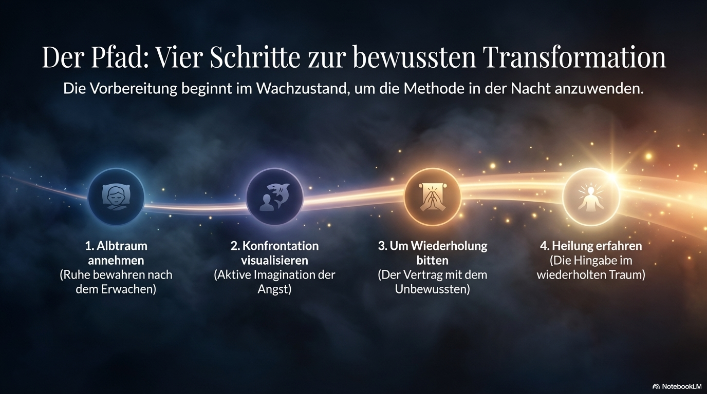Vierstufiger Pfad der Transformation auf dunklem Hintergrund: Albtraum annehmen, Konfrontation visualisieren, um Wiederholung bitten und im wiederholten Traum Heilung erfahren.