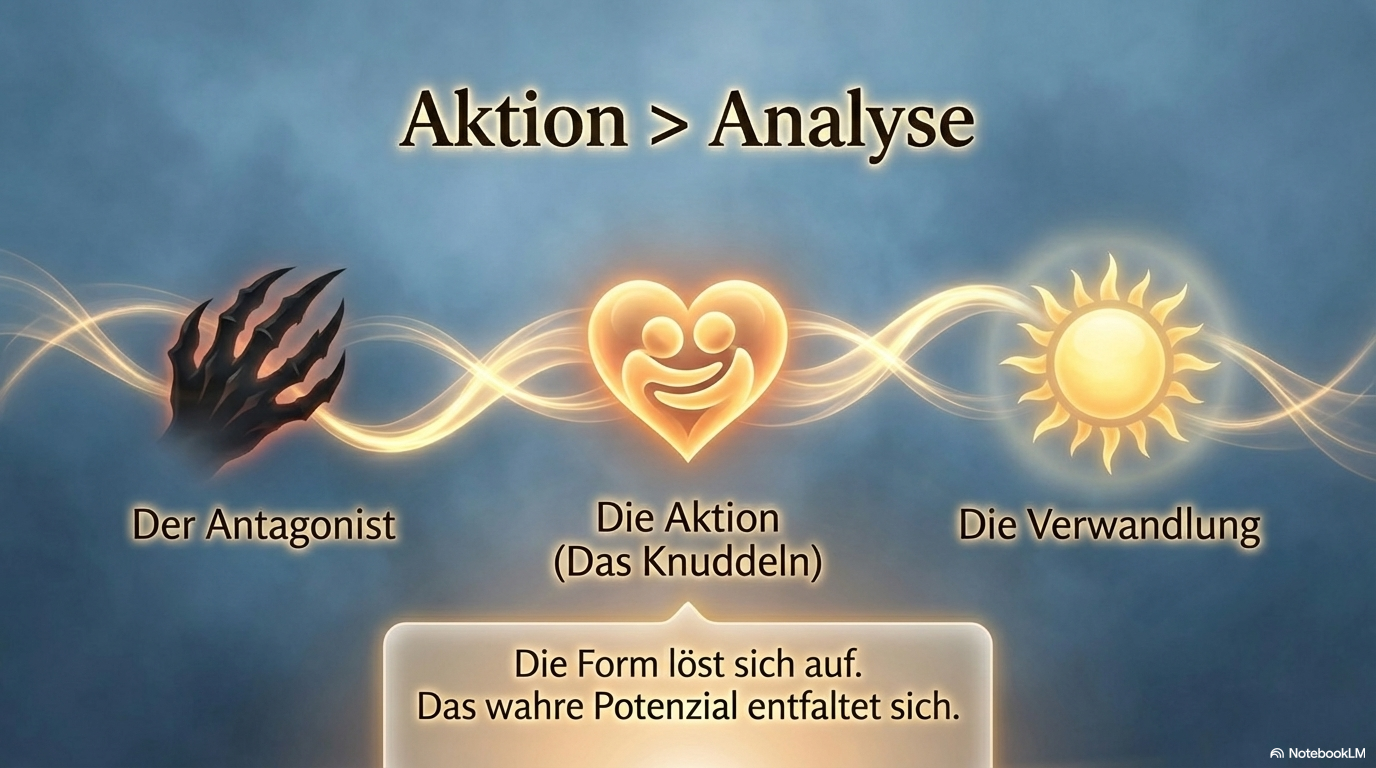 Dreiteilige Symbolkette aus dunkler Hand, Herz und Sonne; die Folie zeigt, dass bewusste Handlung und Umarmung des Antagonisten zur Verwandlung des Traums führen.