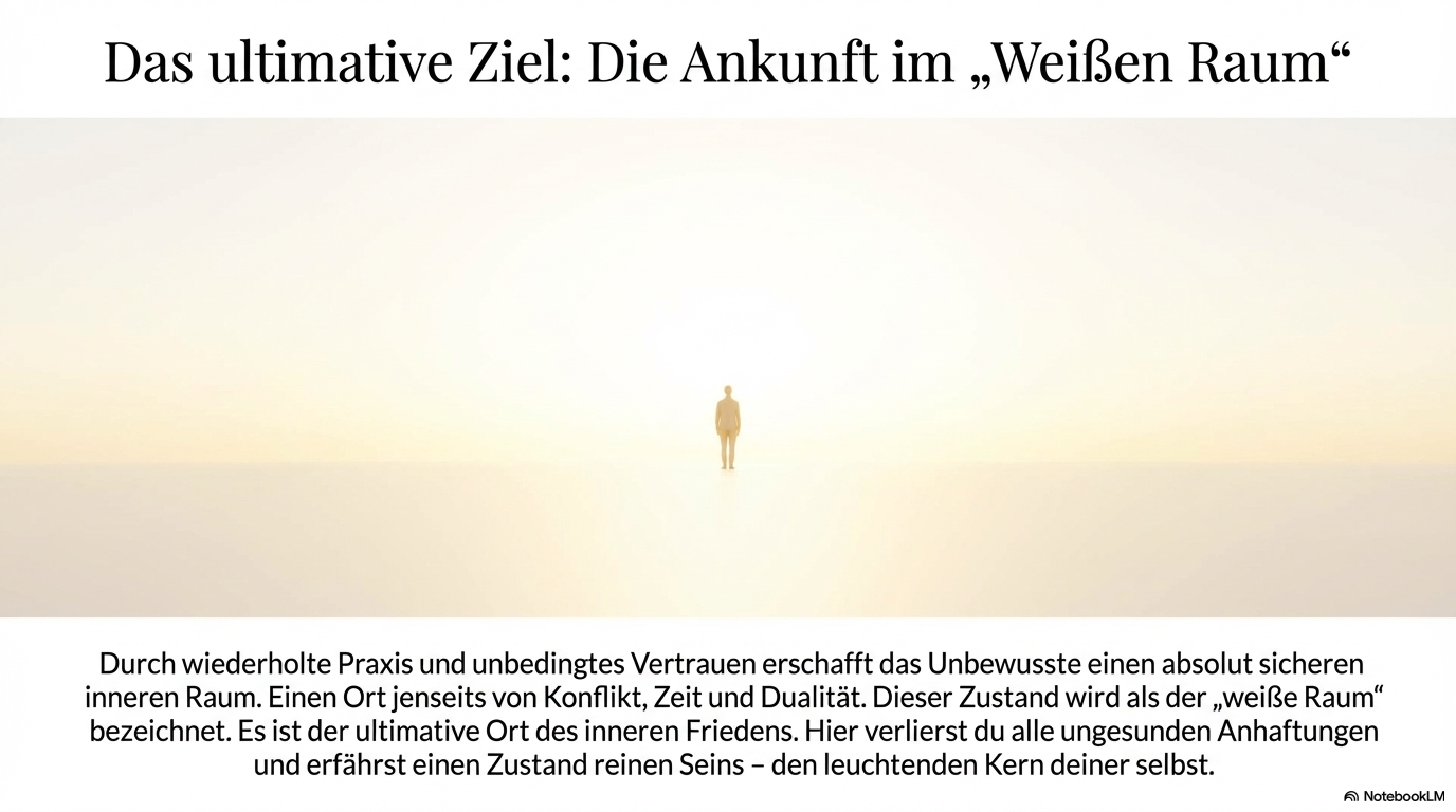 Weißer, fast leerer Raum mit kleiner zentraler Figur; visualisiert das ultimative Ziel eines sicheren inneren Friedensraums jenseits von Konflikt, Zeit und Dualität.