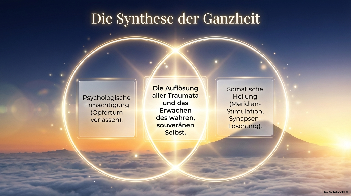 Zwei überlappende Lichtkreise über einer Wolkenlandschaft verbinden psychologische Ermächtigung und somatische Heilung zur Auflösung von Traumata und zum Erwachen des souveränen Selbst.