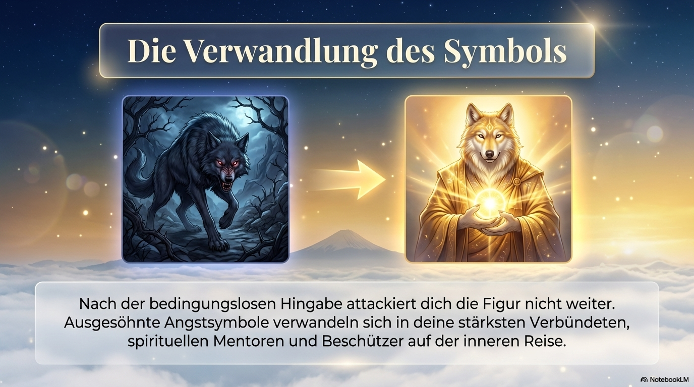 Dunkler Wolf verwandelt sich in eine goldene, weise Wolfsfigur mit leuchtender Kugel; die Folie zeigt, wie Angstbilder nach Hingabe zu Mentoren werden.