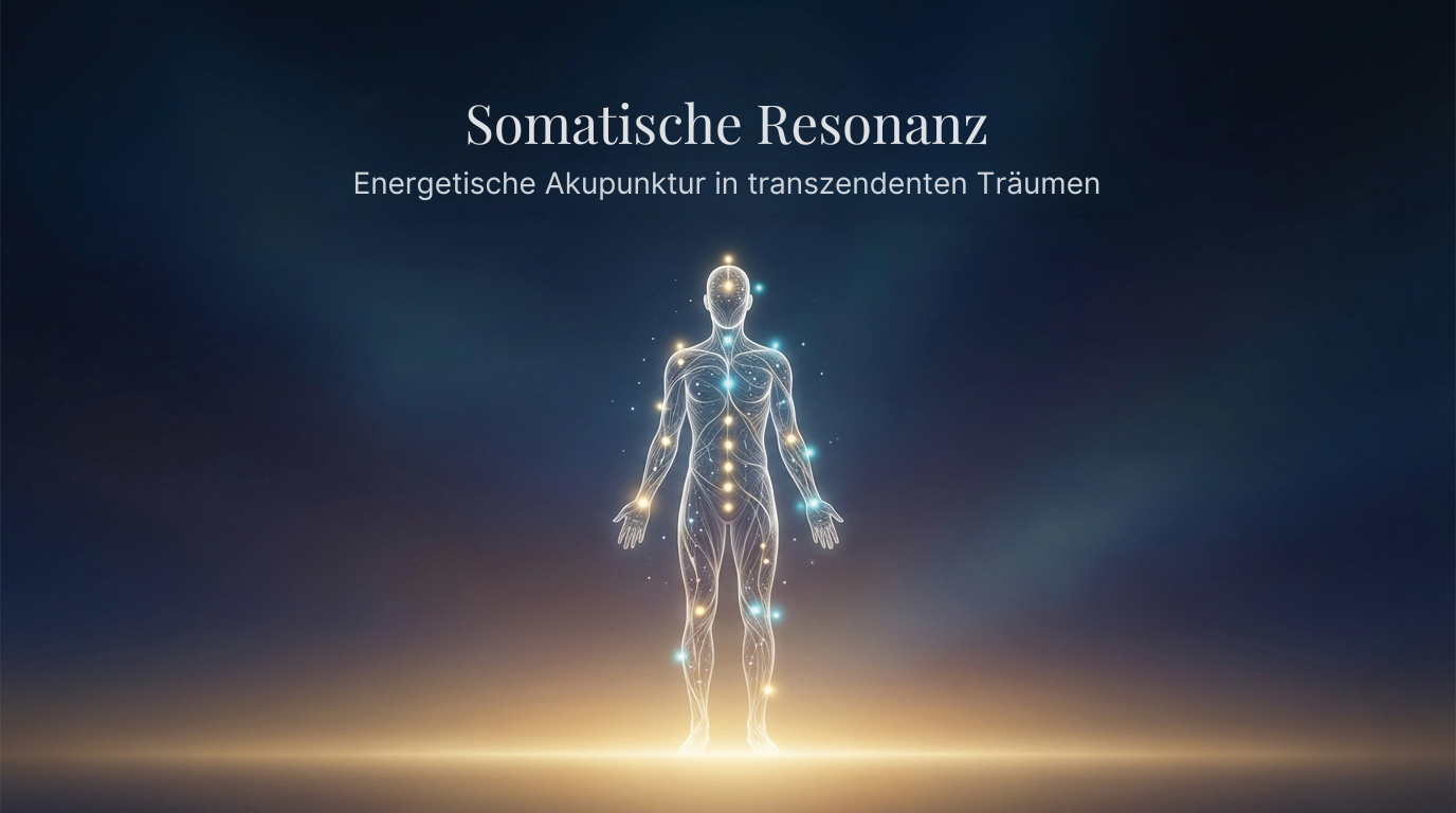 Titelbild mit leuchtender menschlicher Figur und hervorgehobenen Energiepunkten; Einführung in somatische Resonanz und energetische Akupunktur im transzendenten Träumen.