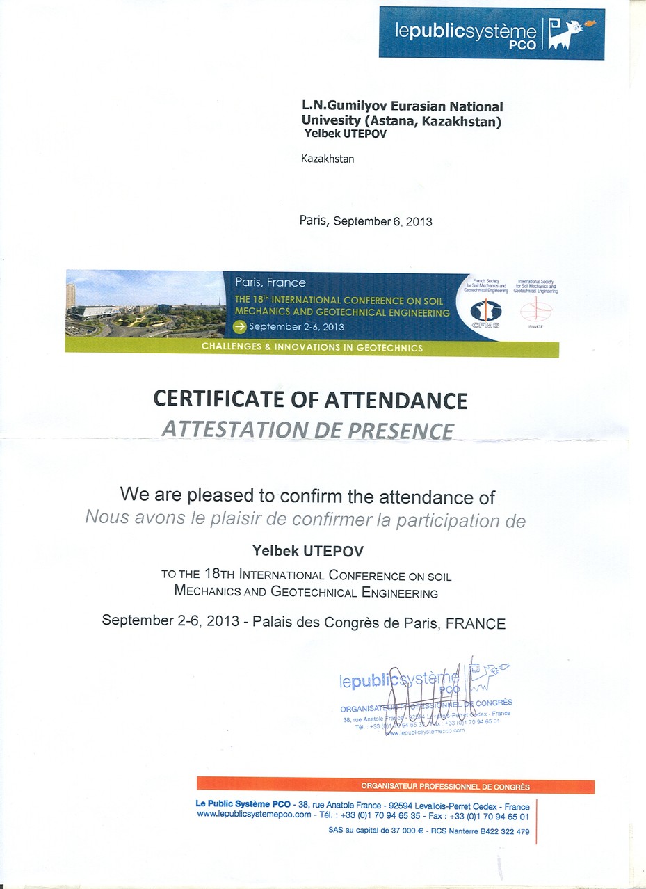 Certificate of attendance to the 18th ICSMGE (Paris, France)