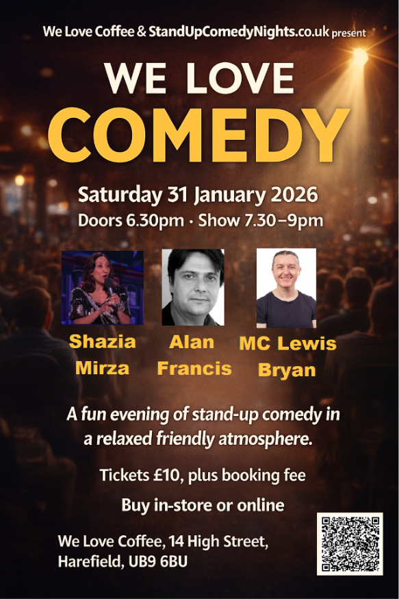 Stand-up comedy night at We Love Coffee, Harefield – 31 January 2026 – live comedy show with professional comedians.