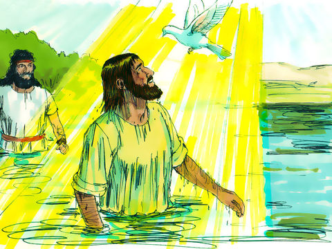 Quand Jésus se fait baptiser dans le Jourdain, l'esprit saint de Dieu descend sur lui comme une colombe.