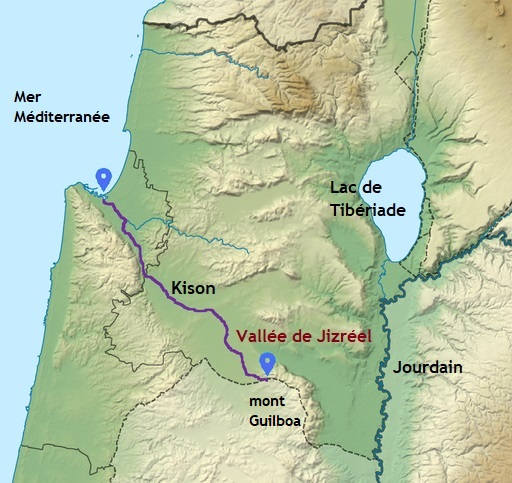 La vallée de Jizréel ou vallée de Méguiddo. Le torrent Kison ou Kishon prend sa source au mont Guilboa et se déverse dans la Méditerranée. Jourdain, lac de Tibériade.