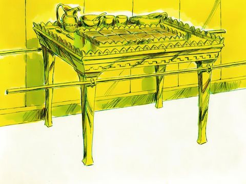 La table des offrandes en bois d’acacia avec tous les accessoires en or pur : les plats, les coupes, les bols, les tasses et les carafes qui servent aux libations (rituels d’offrandes liquides). Sur la table, des pains consacrés sont devant Jéhovah.