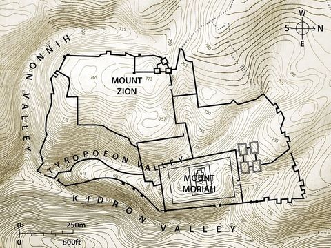 Plan de Jérusalem, la vallée de Hinnom où se situait le Tophet lieu idolâtrique et de sacrifices d'enfants.