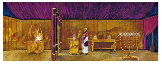 Le chandelier ou porte-lampes à 7 branches en or pur est placé dans le Saint du sanctuaire ou Tabernacle, sur le côté Sud, face à la table des pains consacrés recouverte d’or. 