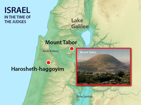 La vallée de Jizréel, le mont Thabor où se positionne l'arme de Barak et Déborah. Les Cananéens se rassemblent près du torrent Kison