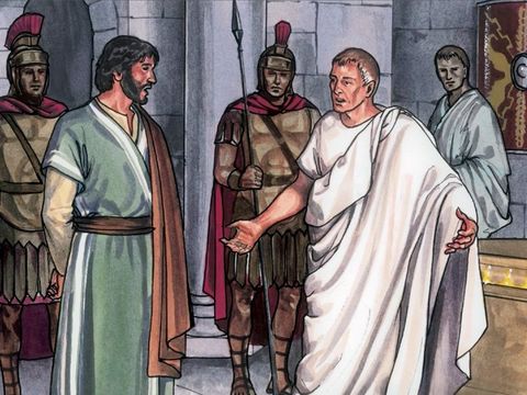 « Pilate l'interrogea: " Es-tu le roi des Juifs?" Jésus lui répondit: " Tu le dis." » Jésus est appelé le Roi des Juifs.