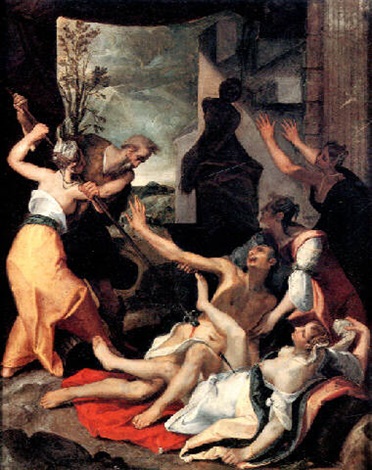 Phineas slaying Zimri and Kozbi the Midianite by Joos van Winghe wikipedia