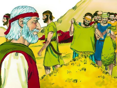 Moïse recueille les offrandes volontaires des Israélites afin de construire l'arche de l'alliance qui sera recouverte d'or pur.
