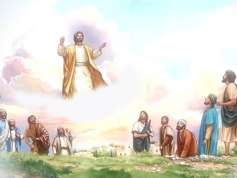 Ascension de Jésus devant les disciples, il monte dans une nuée