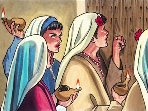 Seule la moitié de ces jeunes filles sont suffisamment prêtes pour accueillir l’époux. L’autre moitié des jeunes filles se retrouvent sans rien, elles ne se sont pas inquiétées de la venue de l’époux (Jésus) et ne se sont pas préparées en conséquence.