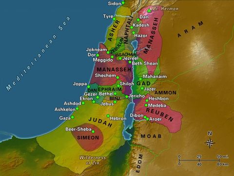 Les 12 tribus d'Israël, le Jourdain, le mer Méditerranée.