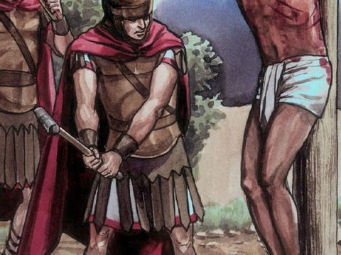 Les Juifs demandent aux Romains que l'on brise les jambes des crucifiés pour hâter leur mort et que les corps ne restent pas en croix pendant le sabbat.