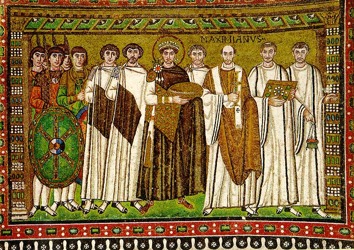 Césaropapisme - L'empereur romain possède aussi le pouvoir religieux. Justinien représenté sur une mosaïque de la basilique Saint-Vital de Ravenne entre ses généraux et le clergé.