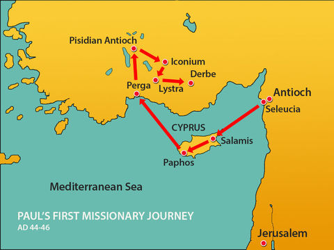 Au cours du premier voyage missionnaire qui dure presque 2 ans, Paul est accompagné de Barnabas. A Paphos, à Chypre, le nom de Saul est changé en Paul.