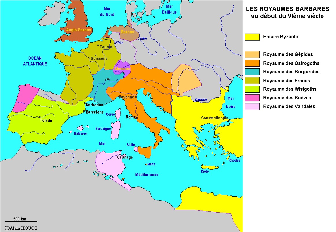 L'empire d'occident est partagé entre les différents royaumes barbares (Wisigoths, Ostrogoths, Vandales, Burgondes, Francs...), la fille du roi du sud est cédée.