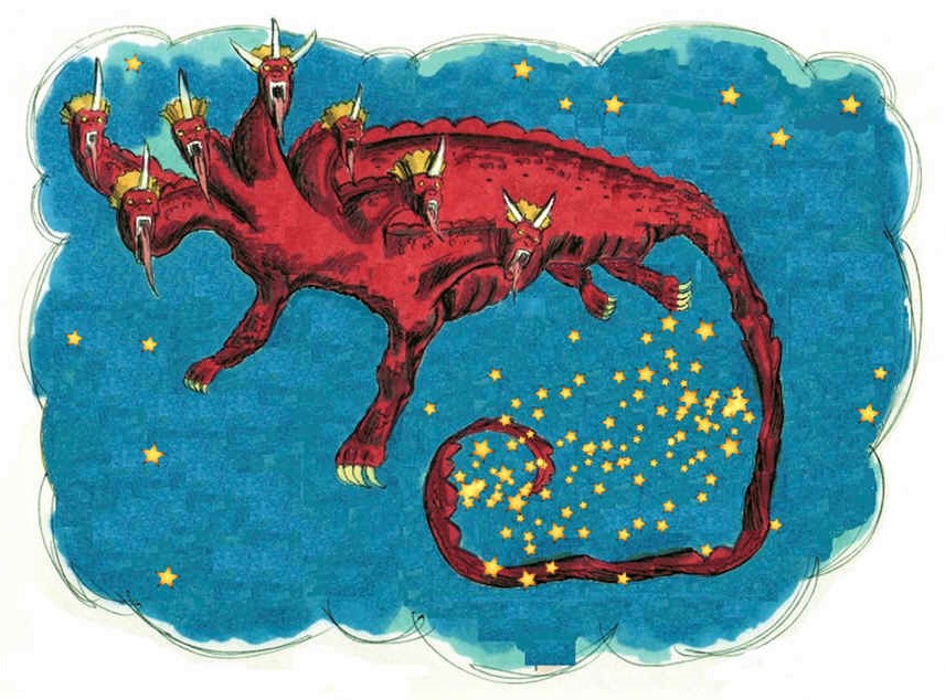 « 3 Un autre signe apparut dans le ciel; c'était un grand dragon rouge feu, qui avait sept têtes et dix cornes, et sur ses têtes sept diadèmes. 4 Sa queue entraîna le tiers des étoiles du ciel et les jeta sur la terre. »