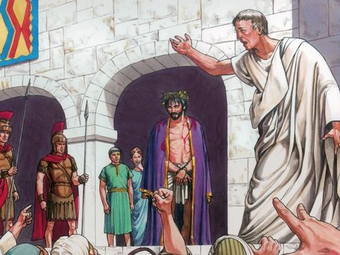 Pilate veut relâcher Jésus car il ne voit aucun motif d'accusation, mais les Juifs s'écrient ensemble "Fais-le mourir!"