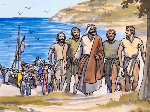 Les 4 premiers apôtres de Jésus sont: Simon Pierre et son frère André, Jacques et son frère Jean.Ils ont laissé leur métier de pêcheurs pour suivre Jésus.