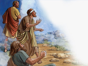 Pierre, Jacques et Jean assistent à la transfiguration de Jésus, éblouis par la gloire et l'éclatante lumière dans la montagne