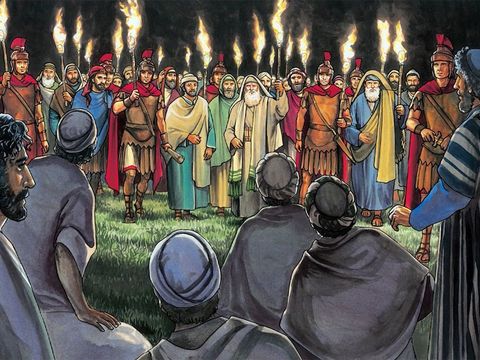Une foule de Juifs haineux s'approche de Jésus-Christ pour l'arrêter. Leur intention est de le mettre à mort.