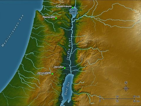 Le Jourdain traverse la mer de Galilée ou lac de Tibériade et se déverse dans la mer morte