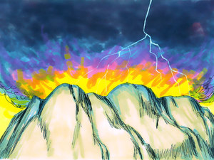 Les Israélites ont peur en voyant la puissance de Dieu sur le mont Horeb, du feu, des éclairs, le tonnerre, dans la montagne. Lorsque Moïse a reçu les tablettes de la Loi sur le mont Horeb, la gloire de Dieu resplendissait et brillait tel un feu ardent. 