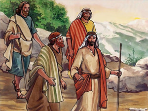 Pierre, Jacques et Jean assistent à la transfiguration de Jésus dans une montagne