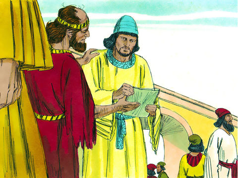 Le gouverneur de la région située à l’ouest de l’Euphrate, Thathnaï, envoie un rapport au roi Darius Ier. Les Juifs demandent au roi de rechercher dans le archives l'ordre de Cyrus de reconstruire Jérusalem.
