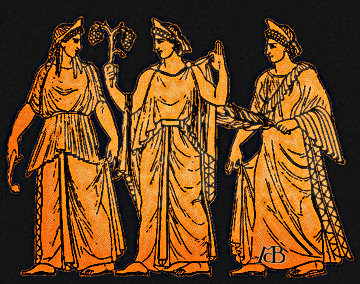 La mythologie grecque compte plusieurs triades féminines, dont quatre, selon Hésiode, sont immortelles : les Erinyes vengeresses, les terribles Parques, les douces Saisons et les charmantes Grâces.