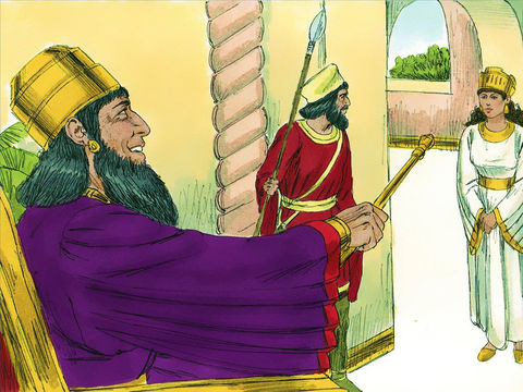 Le roi lui demande : «Qu'as-tu, reine Esther, et que désires-tu? Même si tu réclames la moitié du royaume, elle te sera donnée.»  Esther lui répond : «Si tu le juges bon, roi, j'aimerais que tu viennes aujourd'hui avec Haman au banquet que j'ai organisé."