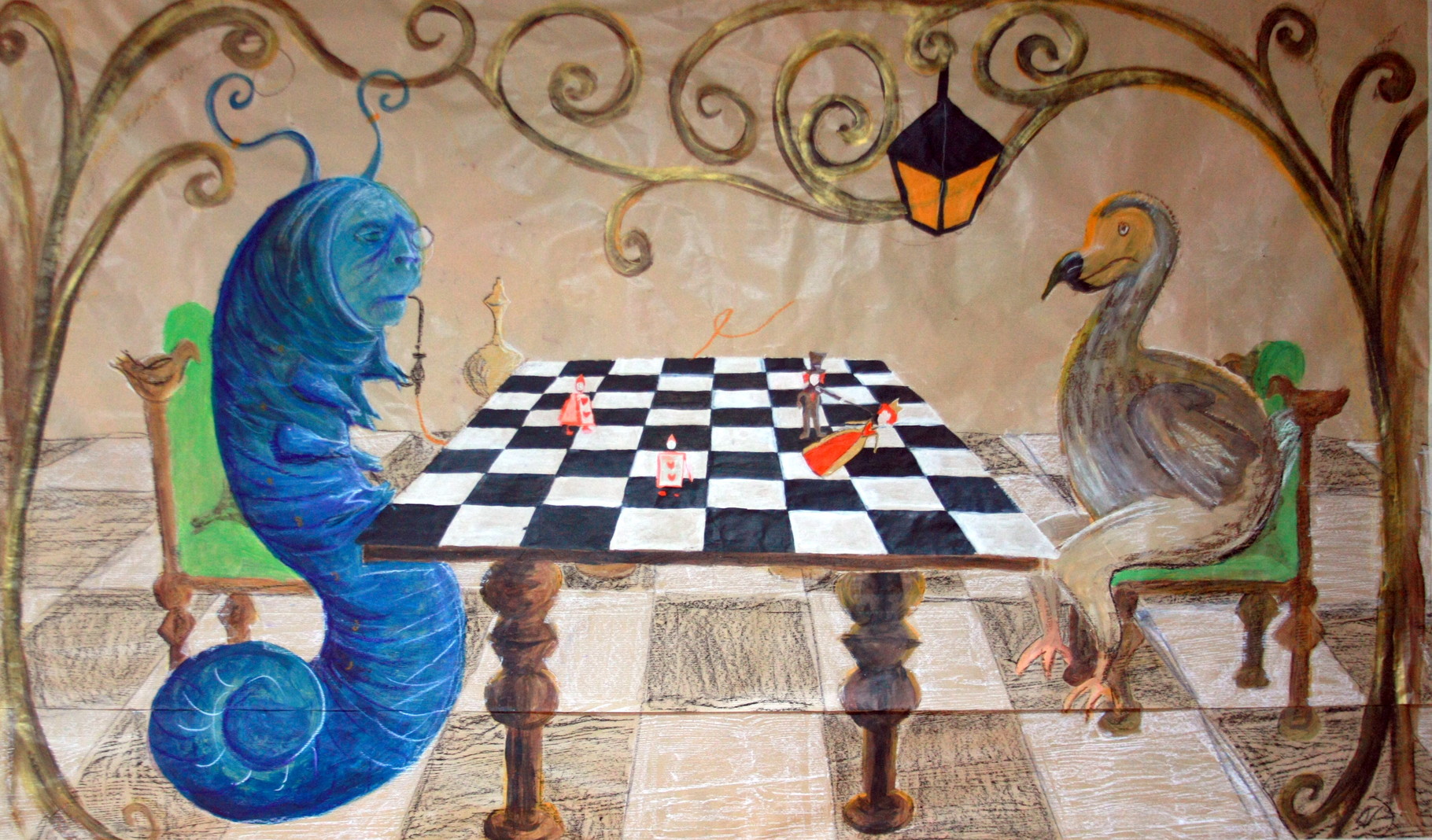 Echecs et mat, fresque pour décoration mariage sur le thème d'Alice,  sur papier craft, 150x200, 2015